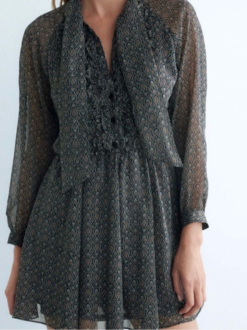 Zara Dark Olive Printed Ruffle-Front Long-Sleeve Dress